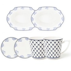 ssueim 雙人用法式印花陶瓷杯盤組 6入組, 意大利面球 2p + 圓盤迷你 2p + 馬克杯 2p, 白色（意大利面球、圓盤）、菱形（馬克杯）