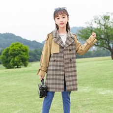 Orange Damul女童款棕色配色格紋大衣