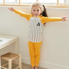 Maykids 童款印花30支彈力棉2件式長袖套裝 條紋A字黃色款