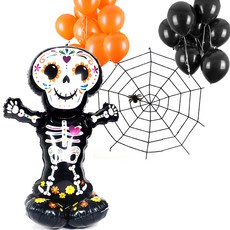 PARTYSHOW 空氣鋁箔氣球 站立骷髏 + 新款粗蜘蛛網 150cm + 標準2款 x 5入組, 1套, 黑色(蜘蛛網), 橘色, 黑色(標準款)