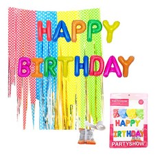 PARTYSHOW 生日派對 點點派對彩帶 4款 + 訊息鋁箔氣球 生日繽紛 + 膠點 套組, 1套, 紅色, 藍色, 黃色, 綠色(彩帶)