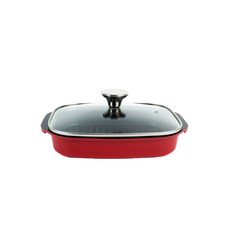 MASI FIRENZE電磁爐適用雙耳長方形不沾煎烤盤+鍋蓋組 紅色, 1個, 中號（22 x 19 x 4.5 厘米）