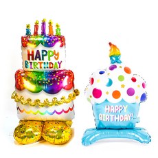 PARTYSHOW 空氣填充鋁箔氣球 + 立架式鋁箔氣球中型套組, 生日蛋糕(空氣填充氣球), 藍色杯子蛋糕(立架式), 1套