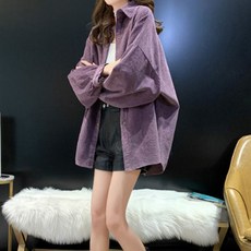 MEICHEL 女款復古色寬鬆燈芯絨長袖長版襯衫 01212