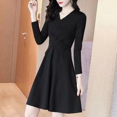 Paperments V領X型交叉傘狀簡約迷你七分袖連身裙 02496 含大尺碼, 黑色