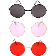 Party09 彩色圓形眼鏡3件組, 1套, 黑色, 粉紅色, 紅色