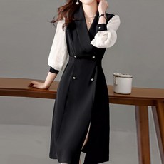 Paperments 賓客穿搭風 皺褶泡泡袖雙排釦開衩洋裝 02571, 黑色