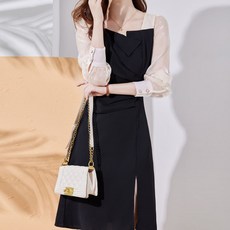 Paperments 方領緞面透膚袖細褶開衩洋裝 02577 含大尺碼, 黑色