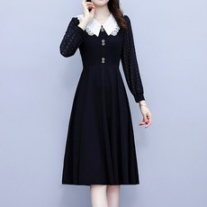 ATTERLIC 蕾絲領雙排扣傘狀中長洋裝 01206 含大尺碼, 黑色