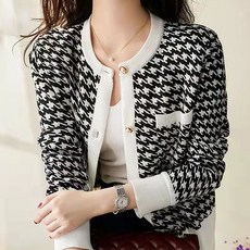 Paperments 女款千鳥格撞色針織長袖開襟衫 02519