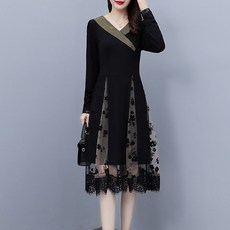 ATTERLIC 撞色V領蕾絲層次中長版洋裝 01203 含大尺碼, 黑色
