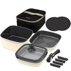 ZAIGLE IH爐適用鈦塗層鍋具9件組, 平底鍋 22cm+煎烤盤 22cm+湯鍋 22cm+可拆式把手+玻璃鍋蓋+鍋蓋把手+隔熱握把套 4入+保護墊 2入+隨行收納包, 象牙白