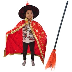 PARTYSHOW 兒童萬聖節女巫掃帚 + 星星圖案斗篷帽子套組