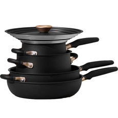 Myer 韓國口音系列感應必備多合一套裝 6, 單柄湯鍋+雙耳湯鍋+平底鍋+多用途鍋+多用途鍋蓋 2入, 霧面黑