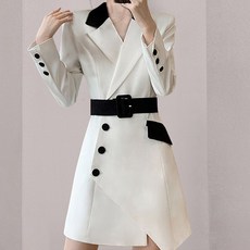 비비에모 더블 카라 배색 벨티드 버튼 언발 랩 원피스 01779