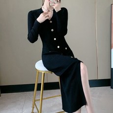 ViVEMO 金色鈕扣羅紋修身前開衩針織長版連身裙 01774, 黑色