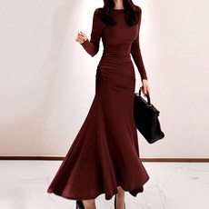 ViVEMO 圓領魚尾長版洋裝 01790, 酒紅色