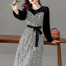 페이퍼먼츠 가을 루즈한 배색 블라우스 레이어드 레이스 업 긴팔 미디 원피스 02679 빅사이즈 포함