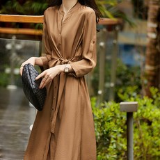 페이퍼먼츠 새틴 허리 스트랩 플레어 셔츠 원피스 02611 빅사이즈 포함