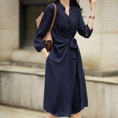 PAPERMENTS 緞面腰部綁帶喇叭裙襬襯衫洋裝, 深藍色