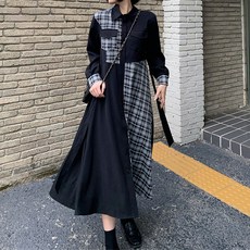 페이퍼먼츠 복고풍 격자무늬 허리리본 투톤 롱 원피스 02604 빅사이즈 포함