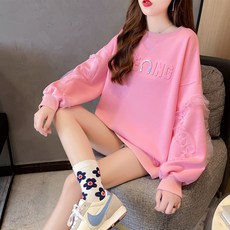 MEICHEL 女款耳機圖案抓皺袖長袖大學T 01268