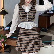 페이퍼먼츠 첵스 조끼 레이어드 셔츠 플레어 스커트 투피스 세트 02654