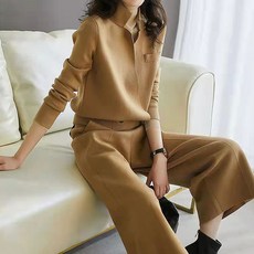 Paperments 秋冬雙排扣翻領外套 鬆緊腰剪裁寬褲 兩件式套裝 02623