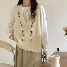 Paperments 花朵針織刺繡寬鬆版V領針織背心馬甲 02635