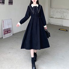 MEICHEL 翻領中央鈕扣雙色傘狀中長版連身裙 01385 含大尺碼, 黑色