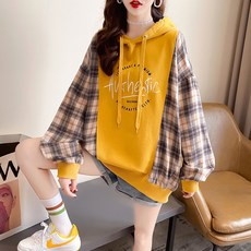 메이첼 여성용 큐트린 루즈핏 사이드 체크 배색 후드 티셔츠 01314