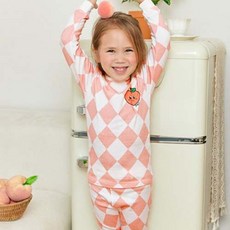 Maykids 童款印花30支彈力棉2件式長袖居家套裝 菱格愛心蜜桃款