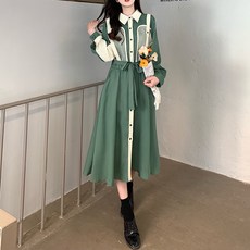 메이첼 체크 라인 복고풍 플레어 긴팔 원피스 01401 빅사이즈 포함