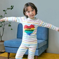 Maykids 童款印花20支彈力棉2件式長袖居家套裝 條紋彩虹愛心款