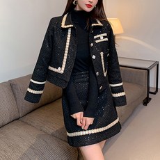 ViVEMO 珍珠撞色線條外套 H字型迷你裙兩件式套裝 01890