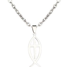 魚形十字架墜飾項鍊 60cm, 銀色, 1個