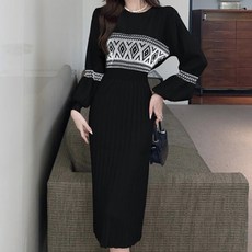 Vivemo 女款修身民族風圓領編織長洋裝, 黑色