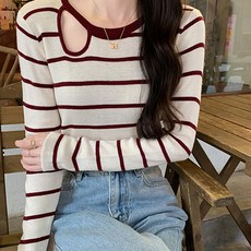 메이첼 여성용 숄더 트임 스트라이프 슬림핏 티셔츠 01476