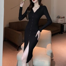 ViVEMO 修身翻領中央鈕扣開衩針織連身裙 01822, 黑色