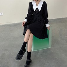 메이첼 배색 빅카라 긴팔 미니 플레어 원피스 01446 빅사이즈 포함