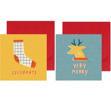 indigoshop 聖誕襪子卡片 6入+麋鹿卡片 6入+信封袋 12入, 1套, 黃色（魯道夫卡）