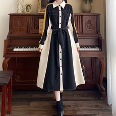 MeiChel 女款大尺碼縫線長版襯衫式喇叭型連身裙, 黑色