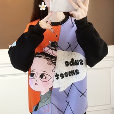 MEICHEL 寬鬆版型大卡通插畫撞色圓領長袖大學T 01309