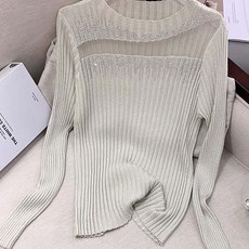 페이퍼먼츠 여성용 라운드넥 주얼리 메쉬트임 슬림핏 긴팔 티셔츠 02835