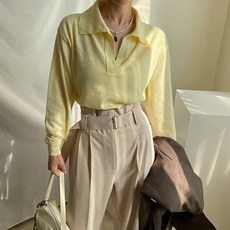 페이퍼먼츠 여성용 솔리드 컬러 루즈핏 라펠 니트 티셔츠 02634