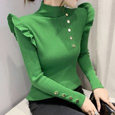 메이첼 여성용 숄더프릴 반폴라 긴팔 니트 티셔츠 01464