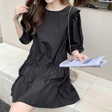 PAPERMENTS 女款肩部荷葉邊迷你褶皺7分袖連身裙, 黑色