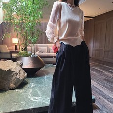 비비에모 여성용 지그재그 라운드 시스루 소매 긴팔 니트 티셔츠 01948