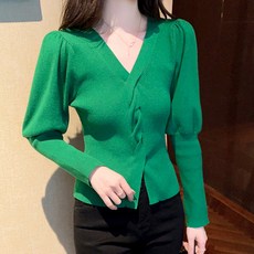 비비에모 여성용 섹시 브이넥 중앙 꽈배기 긴팔 슬림핏 니트 티셔츠 01915