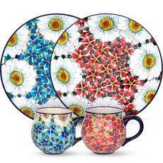 PAWIE 花朵印花餐盤+馬克杯組 4件組, 2p 馬克杯 + 2p 服務, 混合顏色